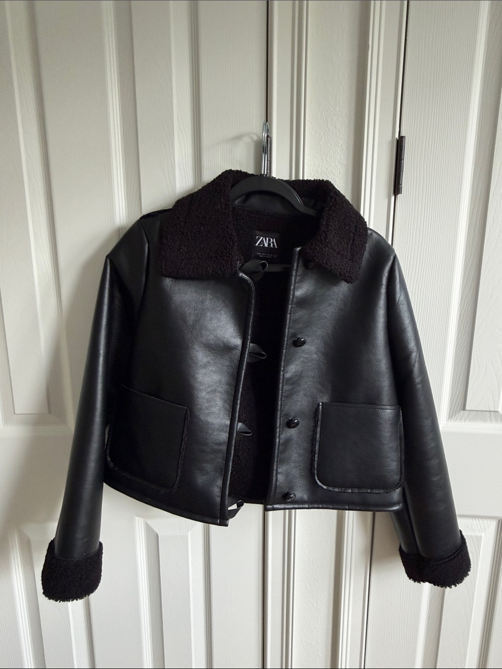 Zara Black Faux Leather Jacket with Shearling Trim